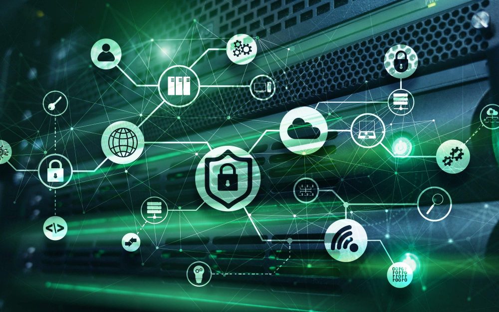 Data security concept Icons: Closed Padlock, Wifi And cloud on digital background