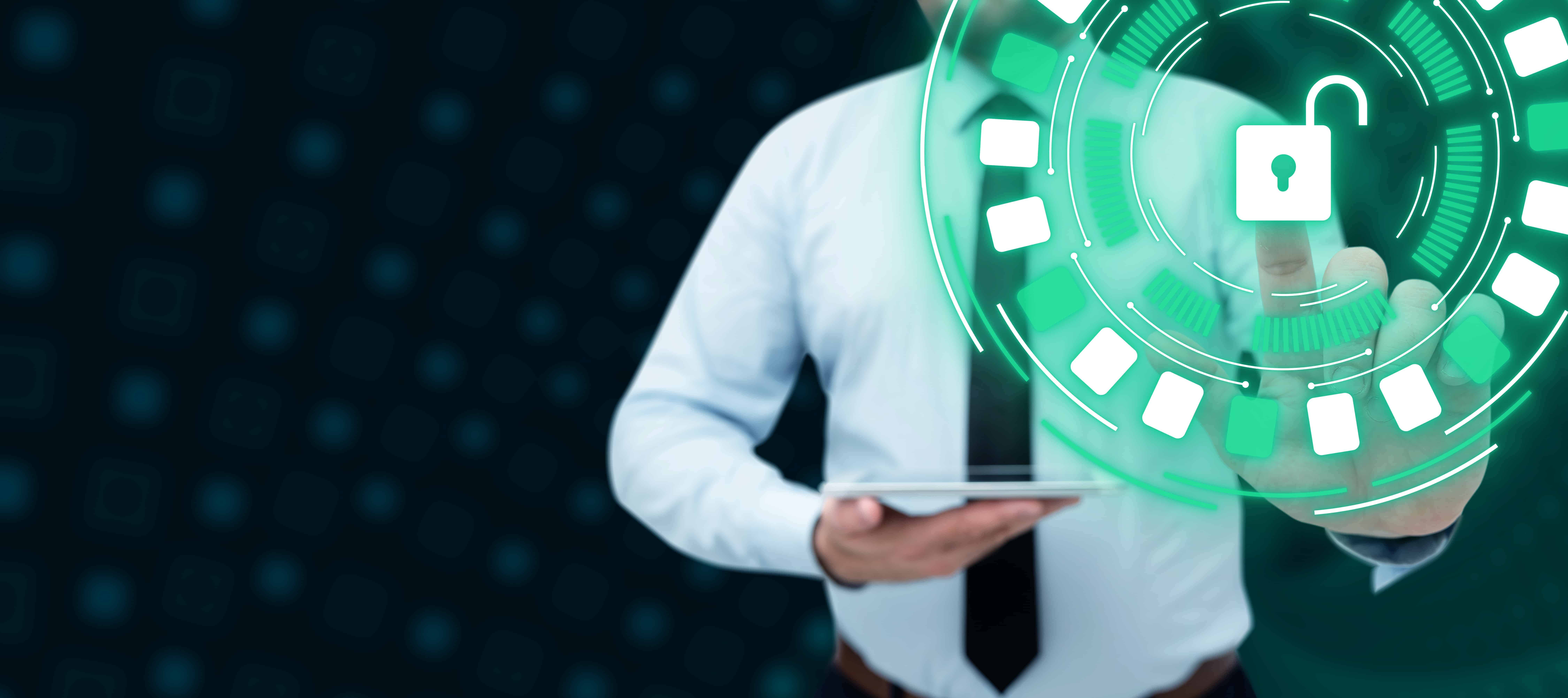 Man Holding Tablet In Hand And Touching Security System With Finger Adult Introducing Digital Touching Business Computer System Businessman Standing